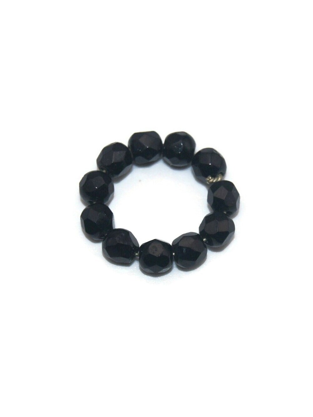 Vintage Black Glass Beads on Silver Tone Wire Size 3 Band.